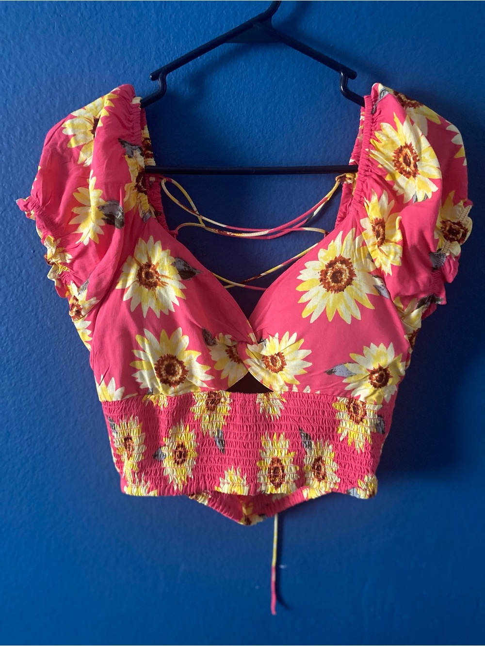 Derek Heart Pink Sunflower Lace-Up Crop Top